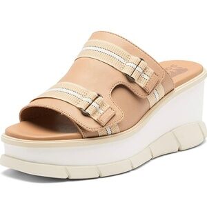 NEW Sorel Womens Size 9 Joanie III Beige Wedge Slide Leather Platform Sandals